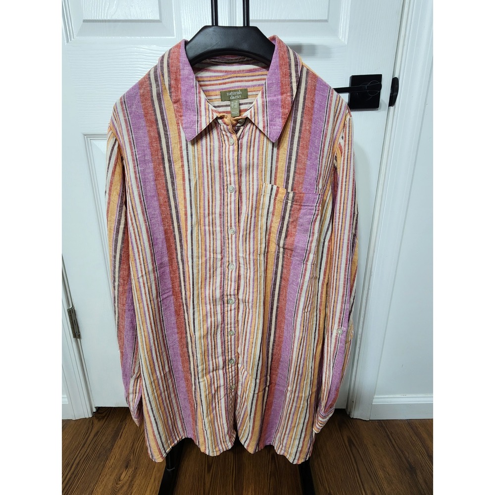 Naturals d&co Linen Blend Striped Button Down Shirt Purple Orange Womens 1X